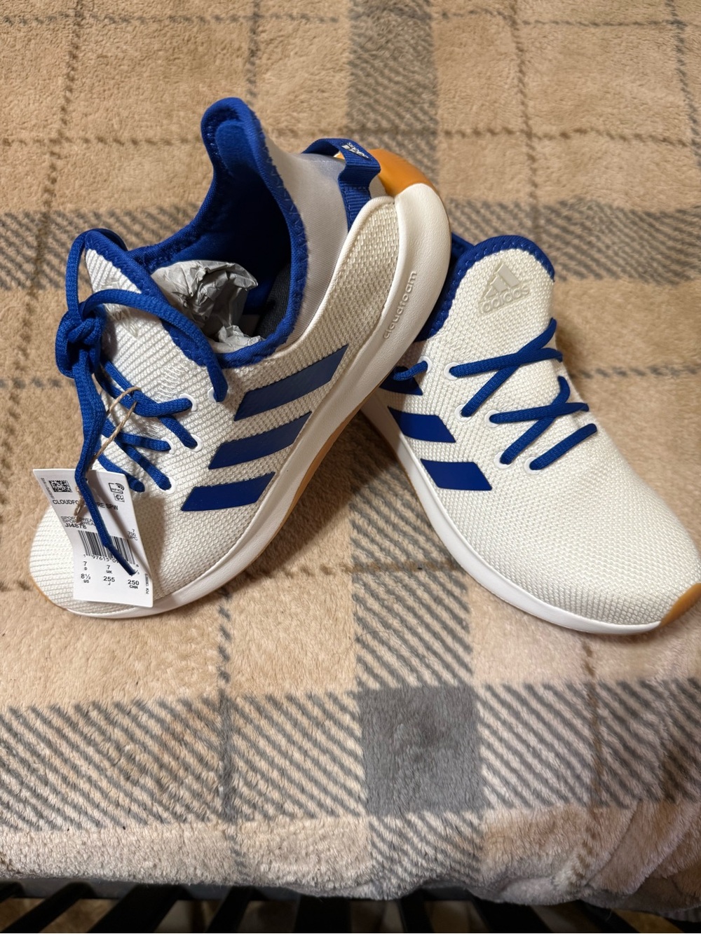 Adidas White and Royal Blue Knit Trainers with Orange Heel Accent